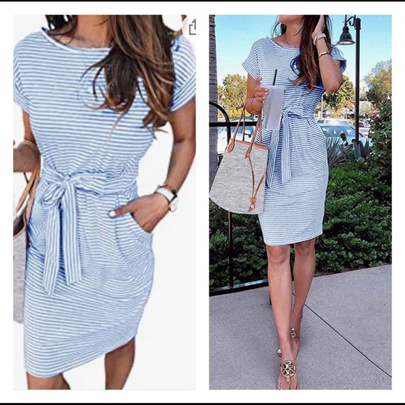 MEROKEETY Gestreept Casual Jurkje Dames - Zachte T-shirt Jurk Met Riem En Zakken